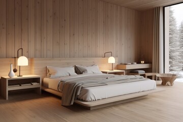 Cozy wooden room aesthetic furniture bedroom lamp.