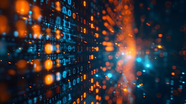 Digital data technology background with binary code, closeup view, bokeh effect, blue and orange tones, dark atmosphere. For Design, Background, Cover, Poster, Banner, PPT, KV design, Wallpaper