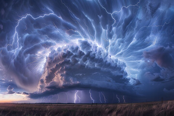 A stormy sky with multiple cloud to ground lightning strikes.