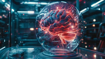 Futuristic brain-to-brain connection during a scientific experiment, vivid lighting showcasing potential and dangers