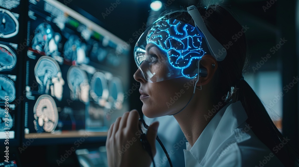 Poster stunning view of a neuroscientist adjusting a high-tech brain-computer interface on a volunteer, sho