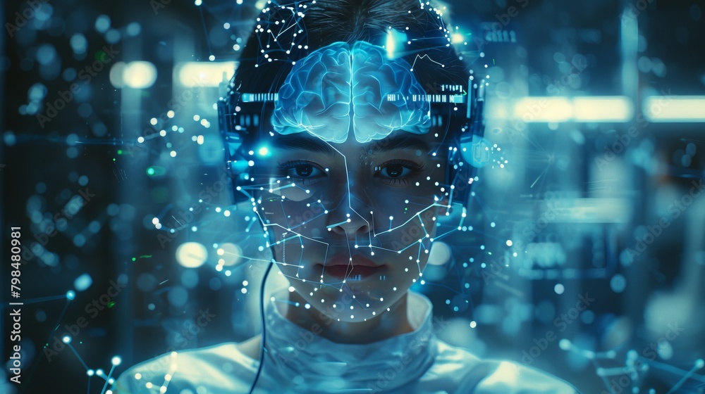 Poster vivid composition of a person wearing a brain-computer interface, surrounded by floating digital dat