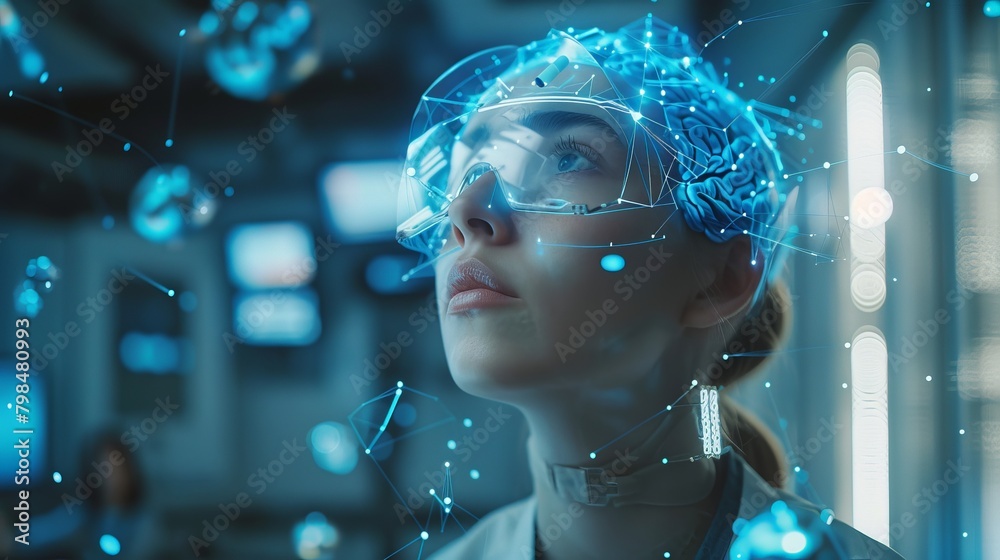 Poster vivid composition of a person wearing a brain-computer interface, surrounded by floating digital dat