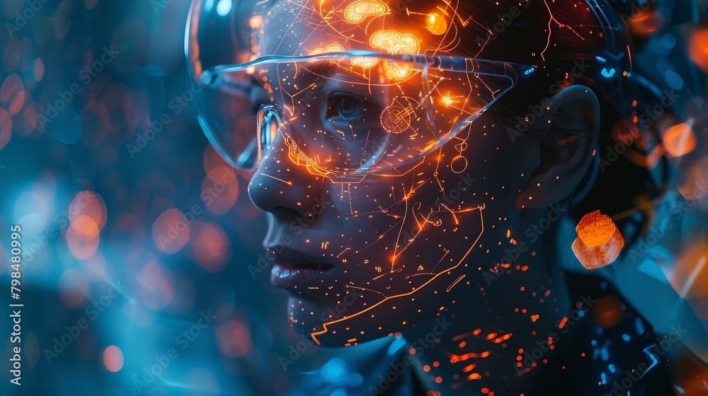 Poster a compelling shot of a scientist experiencing a brain-computer interface, exploring new realms of ai