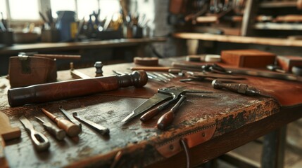 Leather craft equipment on an old wooden table at a cobbler's workplace.AI generated image