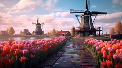 Landscape with windmills in a tulip field.AI generated image