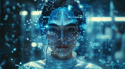 Vivid composition of a person wearing a brain-computer interface, surrounded by floating digital data, in a modern laboratory setting