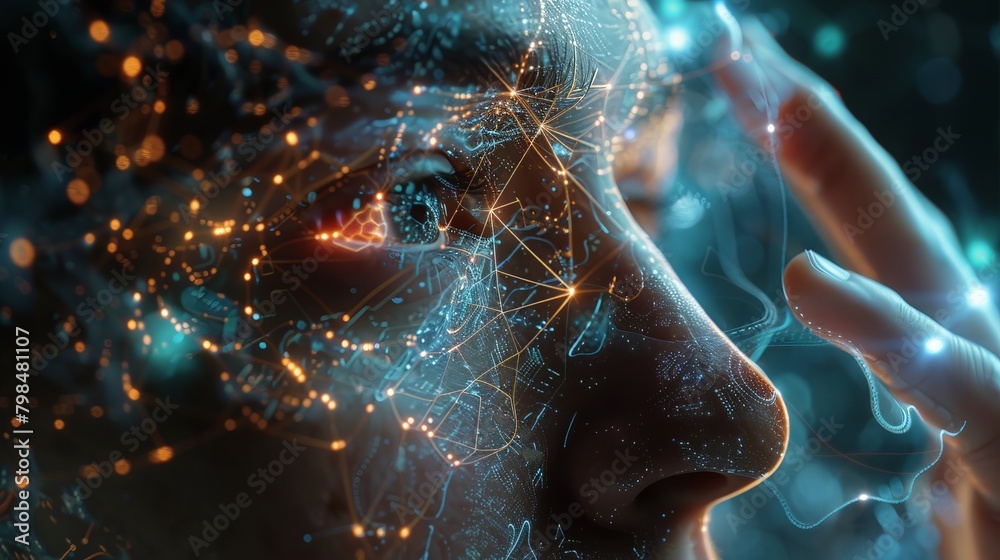 Poster close-up of a seamless brain-computer interface being fitted onto a user, with detailed visualizatio