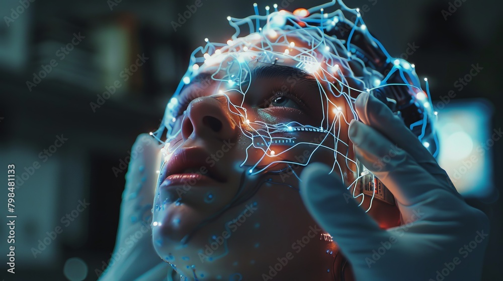 Poster close-up of a seamless brain-computer interface being fitted onto a user, with detailed visualizatio
