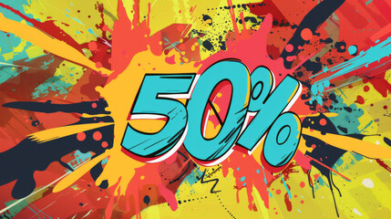 Pop art styled promotion featuring a 50% discount splash, using vibrant colors and a dynamic design to attract shoppers.