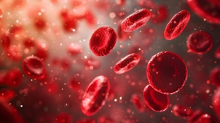 Red cells flowing in the living body, closeup of red cells with a blurred background. This image depicts the concept of human health and medicine in the style of an abstract biological representation.