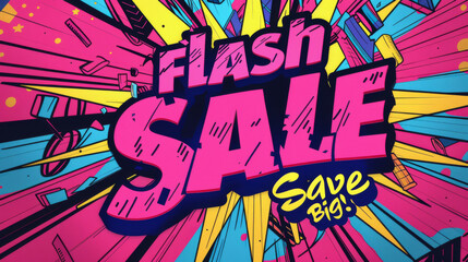An attention-grabbing comic-style 'Flash Sale' advertisement with 'Save Big!' slogan, ideal for promotional campaigns and events.
