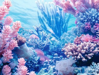 Underwater corals in various shades of blues and pinks replicate the mesmerizing beauty of a coral reef 