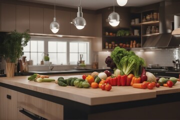 'contemporary kitchen front view fresh vegetables just bought supermarket put countertop ready cooking food bag shopping decor cabinet appliance equipment oven surface ingredient receipe stainless'