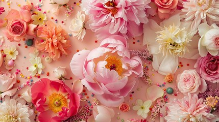 Capture the essence of Women s Day celebration with a stunning top view photograph featuring a vibrant assortment of spring flowers like pink peonies roses and colorful sprinkles set agains
