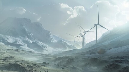 Wind farm. Wind generators in mountain landscape. Development of renewable energy sources hyper realistic  - obrazy, fototapety, plakaty