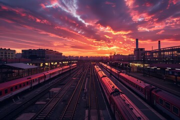 Fototapeta na wymiar A train depot at sunset