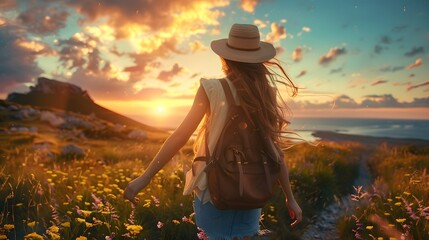 A lone serene female traveler, seen from behind, enjoys a peaceful moment at a beautiful and tranquil destination, with her arms extended in a gesture of love.