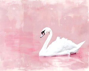 pink background minimalist scandinavian nordic style animated white swan on pink water painting whimsical, muted vintage neutral background, soft and delicate, nursery art