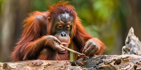 Naklejka premium An orangutan using a stick as a tool to extract insects from a log
