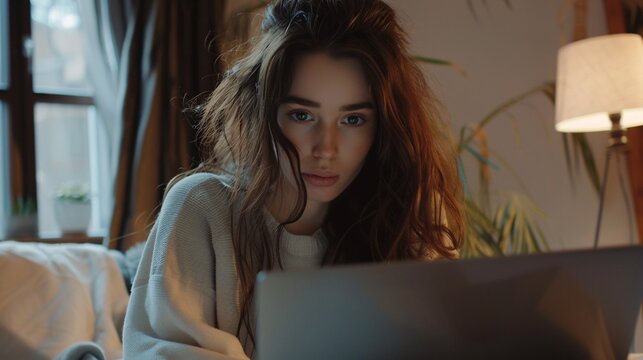 A brunette woman uses her laptop at home.