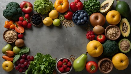Nutritious eating choices fruits, vegetables, seeds, superfoods, grains, and leafy greens on a grey concrete surface ai_generated