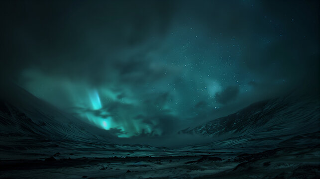 Hessdalen Lamp light phenomenon, dark night sky with flashes of green and blue light on the eastern horizon, surrounding small hills, Ai generated Images