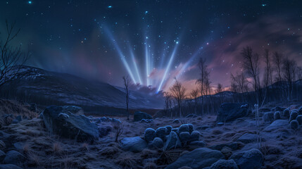 Hessdalen Lamp light phenomenon, hilly landscape with strange light radiating in the night sky, Ai...