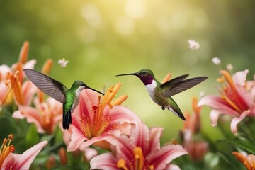 Fototapeta premium 'next flowers hovering view panoramic lily hummingbird avian bird decorative feather flying flower garden hover iridescent light ornithology pattern plumage surface texture tiny wildlife'