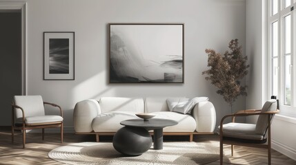 Interior view of the living room of a modern minimalist Scandinavian house, with comfortable sofa chairs, poster decorations on the white wall and minimalist interior plants.