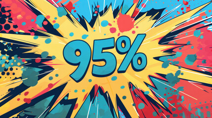 Vibrant and bold "95%" discount burst in a comic pop art style, ideal for eye-catching promotions and big sale events.
