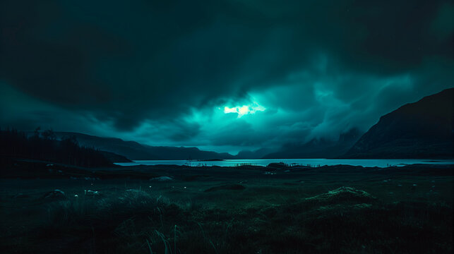 Hessdalen Lamp light phenomenon, dark night sky with flashes of green and blue light on the eastern horizon, surrounding small hills, Ai generated Images