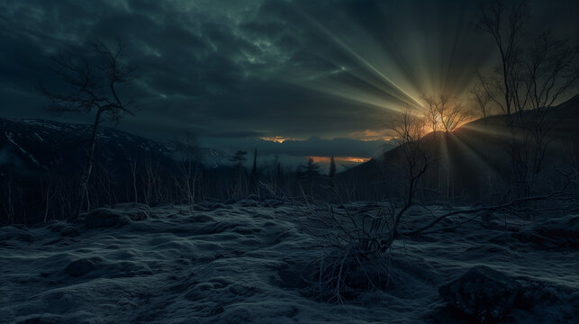 Hessdalen Lamp light phenomenon, hilly landscape with strange light radiating in the night sky, Ai generated Images