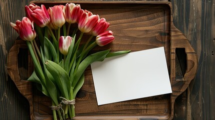 A wooden tray featuring a stunning tulip bouquet alongside a blank card