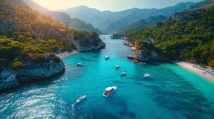 An aerial view showcasing a Mediterranean Sea bay featuring mountains, a sandy beach, and boats on a sunny day during summer. - obrazy, fototapety, plakaty