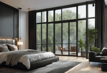 illustration bedroom interior 3d hanging sliding wardrobe wardrobe glass glass modern doors black render bed Stylish lamps master