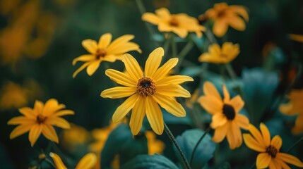 Close up view of yellow garden flowers