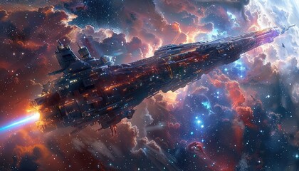 Interstellar Travel, Illustrate the concept of spacecraft traveling between stars within a galaxy or beyond