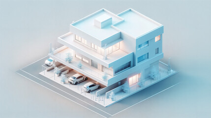 
3D isometric view of one white building with 3 floors, using simple shapes with a minimalistic design on a white background with clean lines. With a parking lot and cars