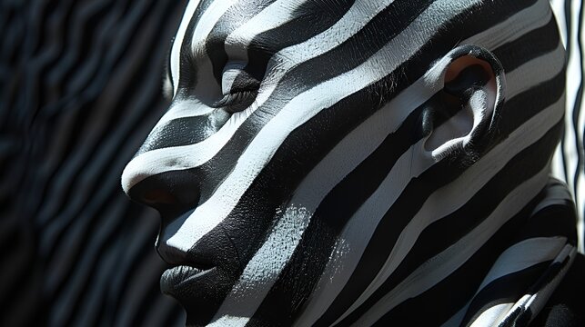 A man wearing zebra face paint - strange - abstract art - 