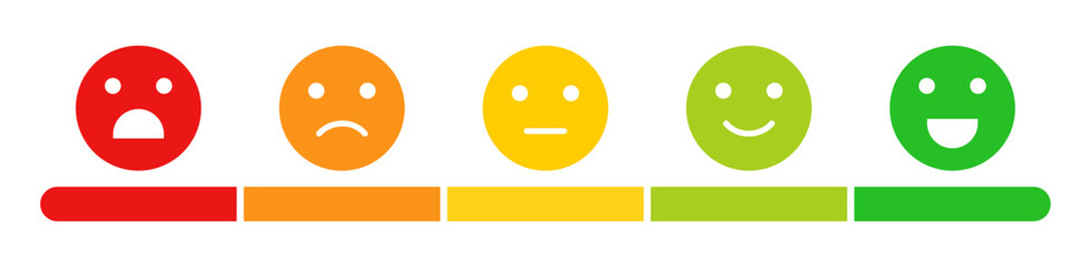 Fototapeta premium Set of feedback rating emojis icons, excellent, good, neutral, bad and very bad product review. Feedback, rating emojis vector icon set in different colors. isolated vector illustration. Flat design.