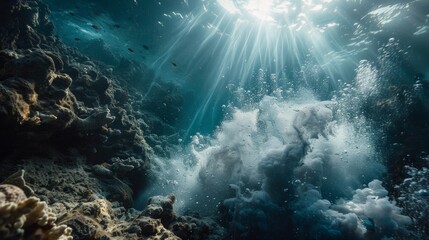 Fototapeta na wymiar Underwater Earthquake: Marine Life Escapes Upheaval, Bubbles Rise to Surface
