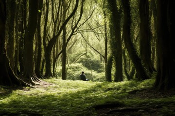 A person practicing forest bathing in a tranquil grove.