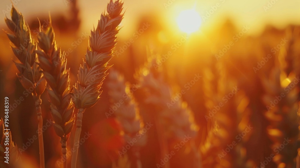 Poster golden sunset illuminating a wheat field and close up of wheat ears with shallow depth of field capt