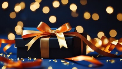 'New bow blurred ribbon blue gift friday scounts Birthday. year. Black golden dark background tag Copy confetti boxes space. lights. orange gold present box christmas holiday birthday luxury'