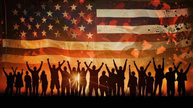 People celebrating a national holiday with a group shot in front of the American flag. - Powered by Adobe