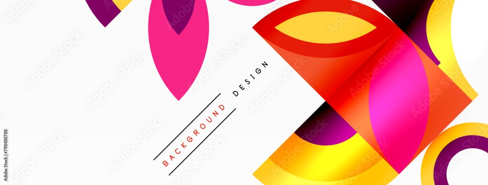 Poster a vibrant display of geometric shapes, including triangles, rectangles, and circles, in red, magenta