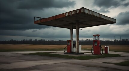 Obraz premium Old abandoned rusty gas station destroyed, gloomy sky.generative.ai