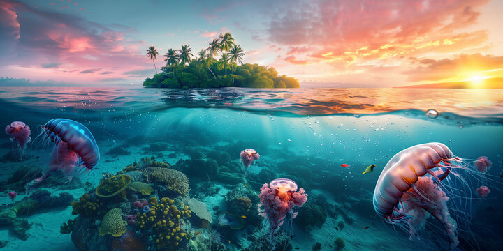 Tropical Island with coconut palm trees and jelly fishes under water at sunset, summer holiday theme, world oceans day theme.