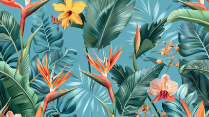 Tropical plants seamless pattern, Bird of paradise, Selenicereus chrysocardium and Hoya obovata on blue background